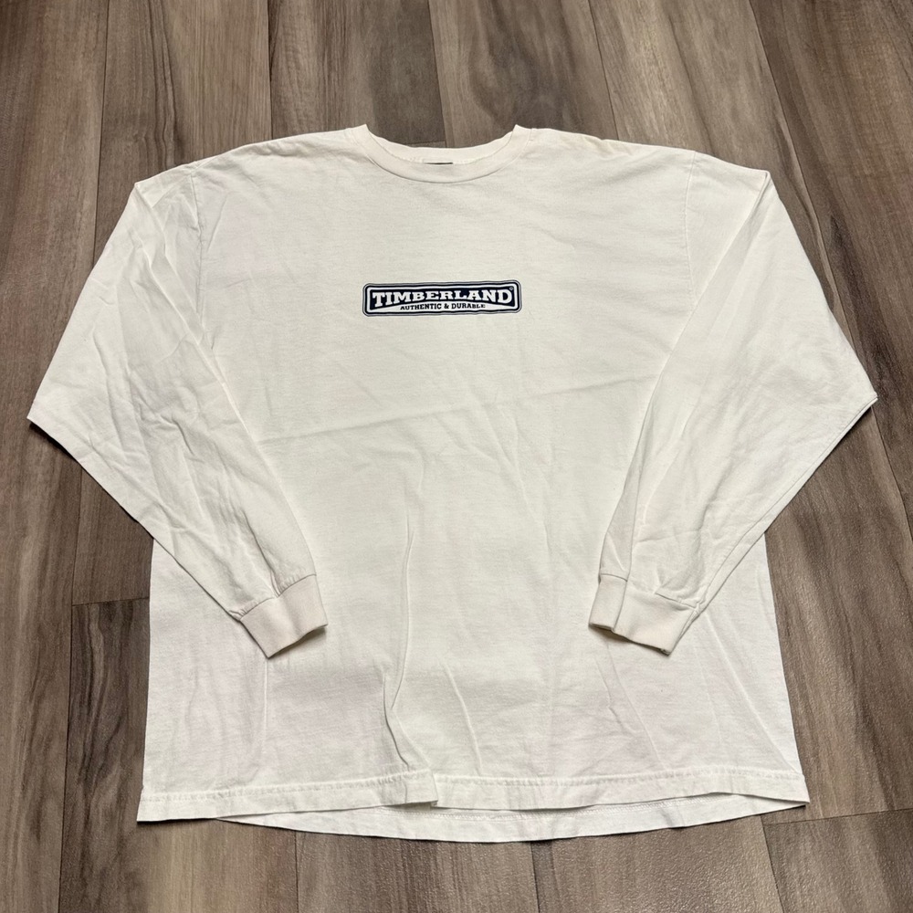 Timberland Mens Long Sleeve Graphic T-Shirt White Large Box Logo 100% Cotton